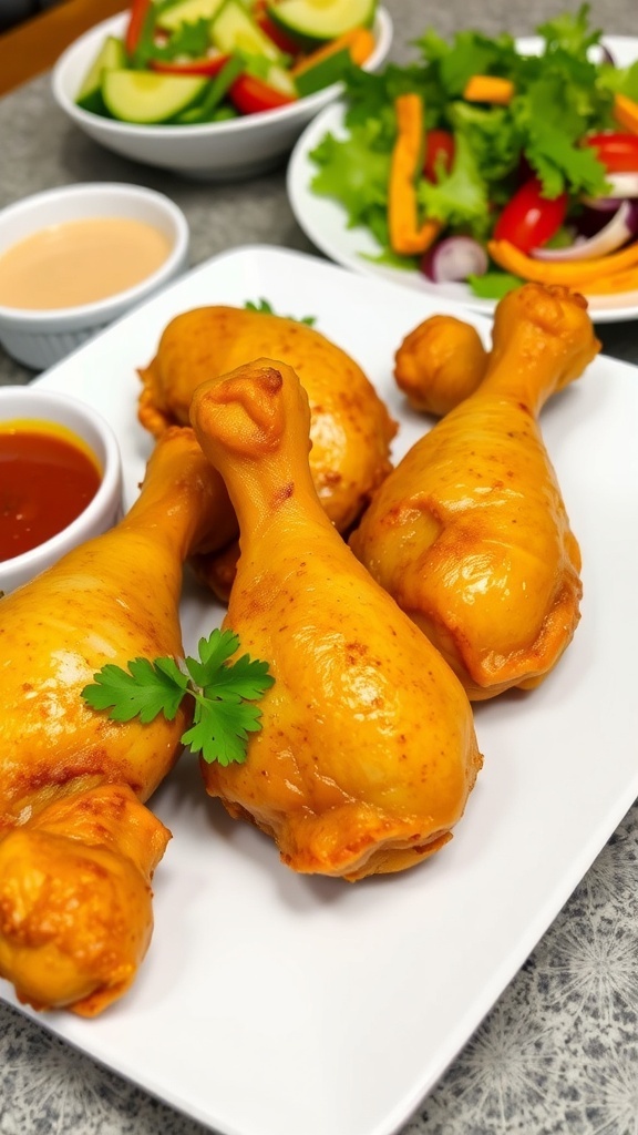 Crispy oven-baked chicken drumsticks on a plate, garnished with parsley and served with dipping sauces.